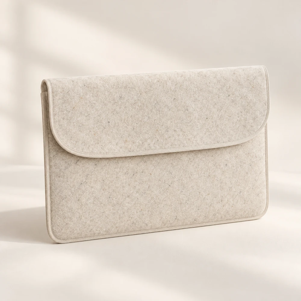 Contour Chalk curved flap · hidden snap closure · bound edges felt laptop sleeve