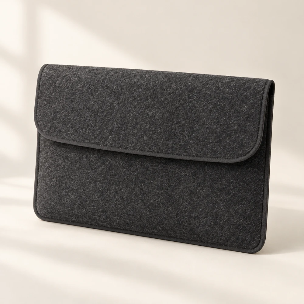 Contour Ink curved flap · hidden snap closure · bound edges felt laptop sleeve