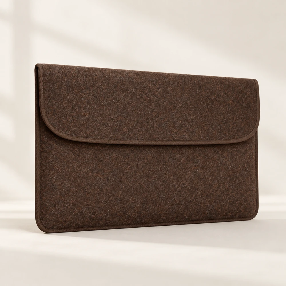 Contour Umber curved flap · hidden snap closure · bound edges felt laptop sleeve