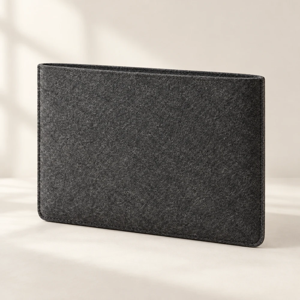 Essential Charcoal open top · unlined · matching stitched seams felt laptop sleeve