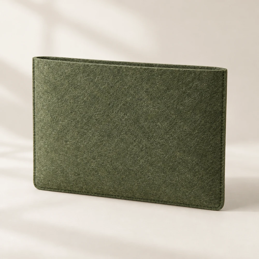 Essential Moss open top · unlined · matching stitched seams felt laptop sleeve