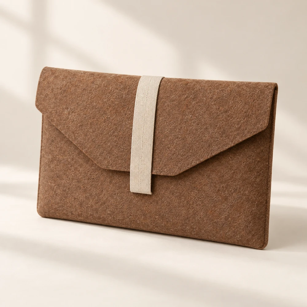 Fold Clay envelope flap · cotton tuck strap · unlined felt laptop sleeve