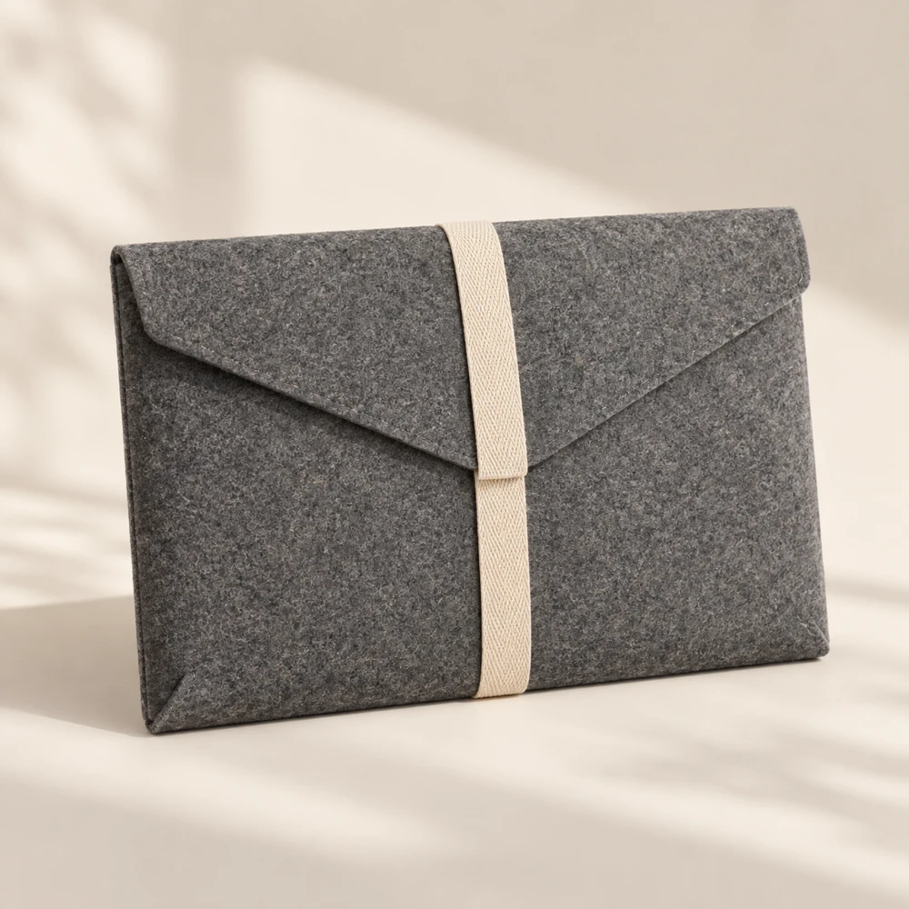 Fold Slate envelope flap · cotton tuck strap · unlined felt laptop sleeve