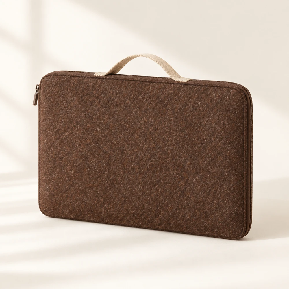 Journey Cocoa three-sided zipper · document divider · woven handle felt laptop sleeve