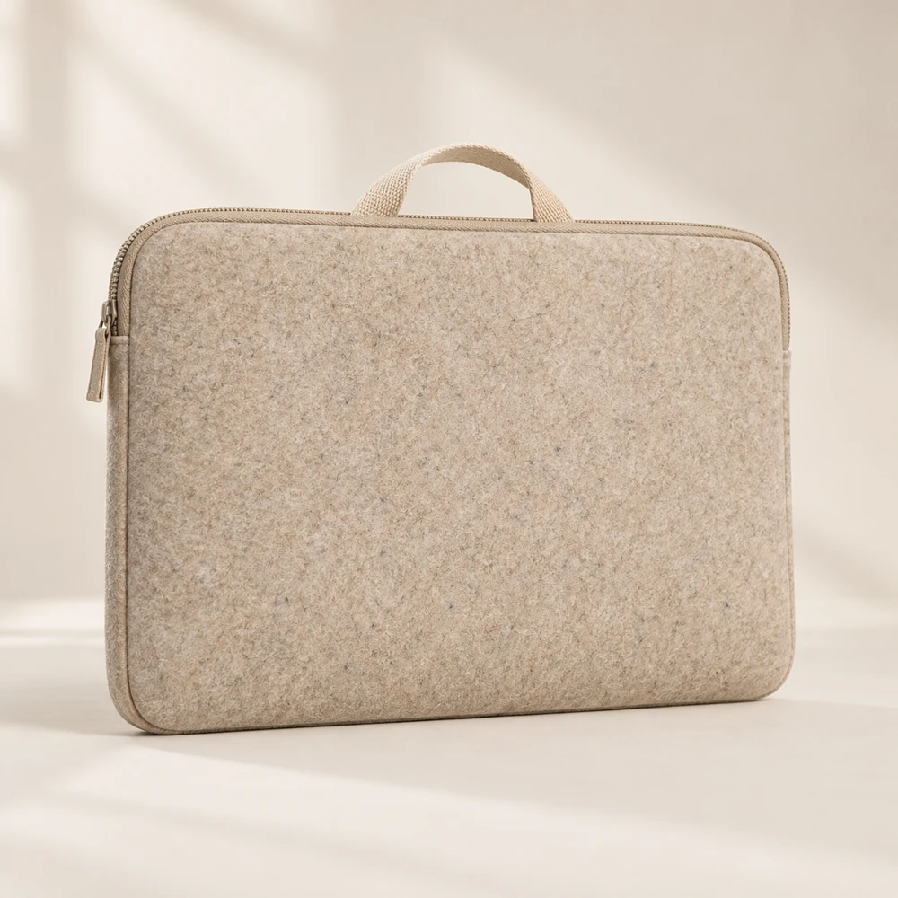 Journey Sand three-sided zipper · document divider · woven handle felt laptop sleeve