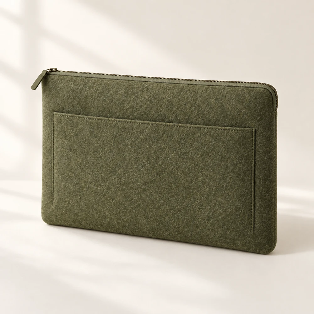 Pocket Olive top zipper · flat front pocket · cotton twill lining felt laptop sleeve