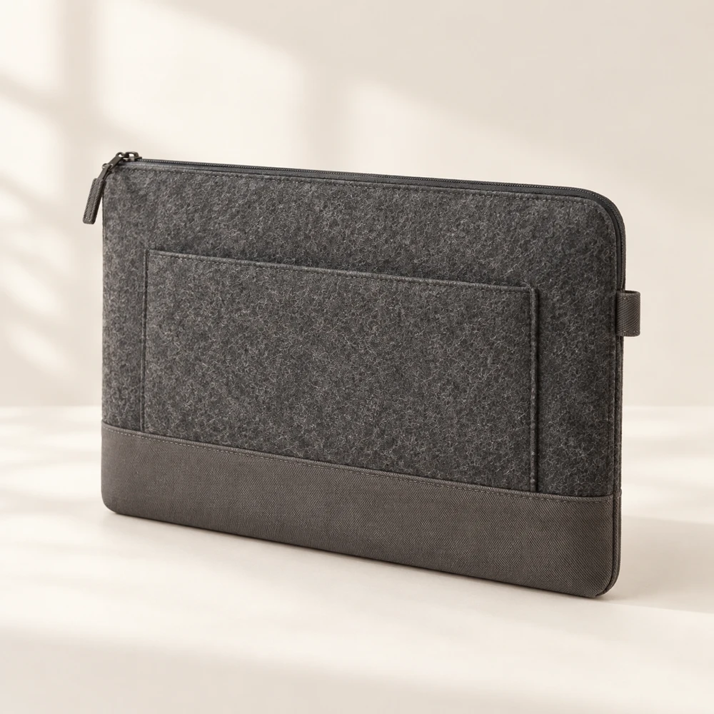 Studio Graphite top zipper · canvas base · external pocket · carry loop felt laptop sleeve