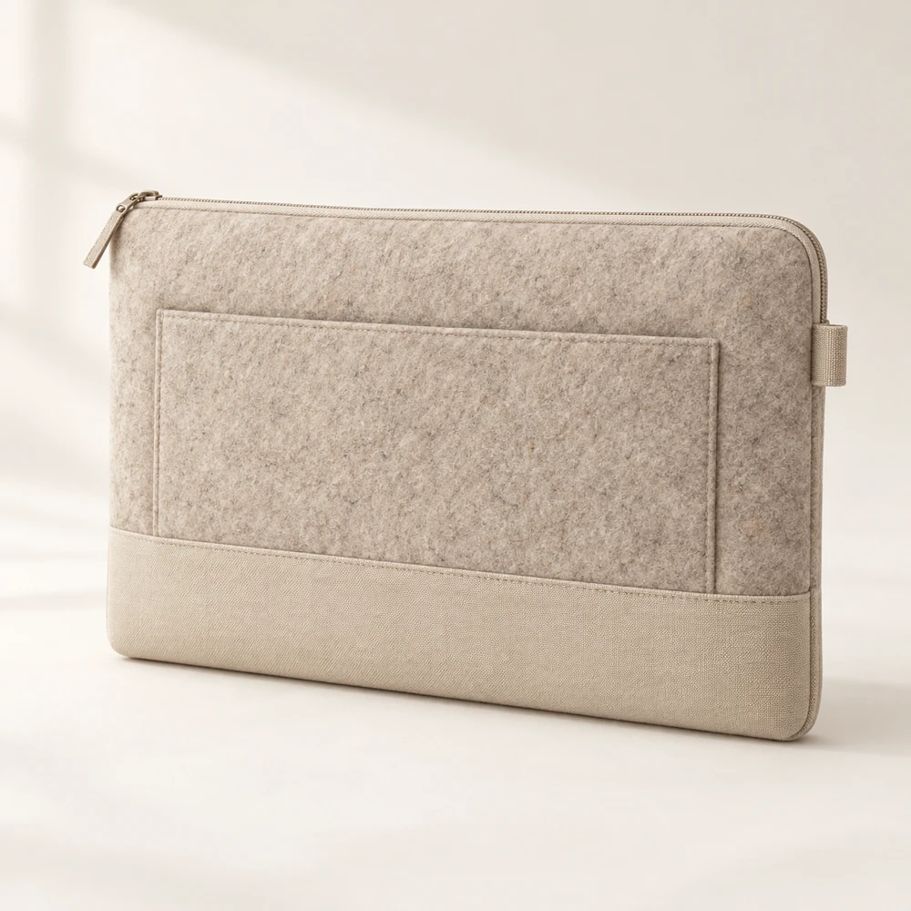 Studio Natural top zipper · canvas base · external pocket · carry loop felt laptop sleeve